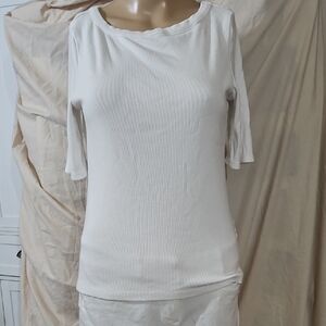 Tahari Cream Ribbed Three Quarter Sleeve Top